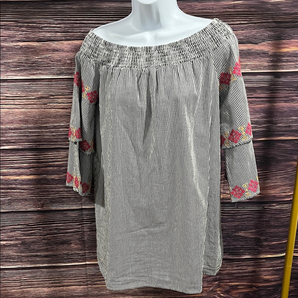 Very J Black and White Striped Blouse with Pink Accents